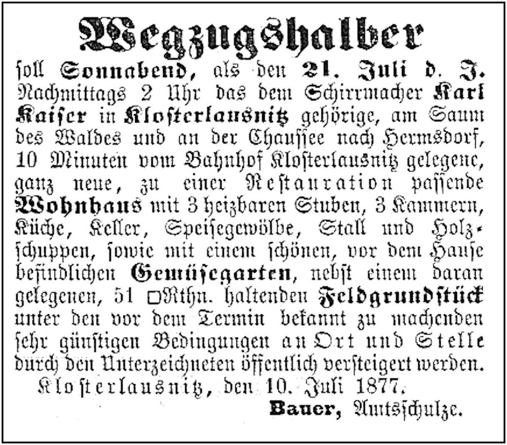 1877-07-13 Hdf Wegzeug Versteigerung Kaiser